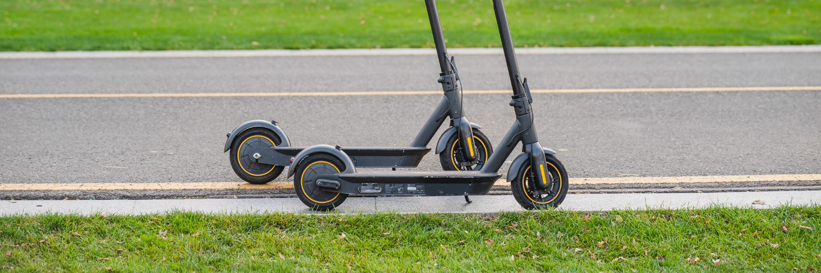 Zwei geparkte E-Scooter mit angehängten Fahrradhelmen stehen am Straßenrand vor einer Grünfläche mit Bäumen im Hintergrund.