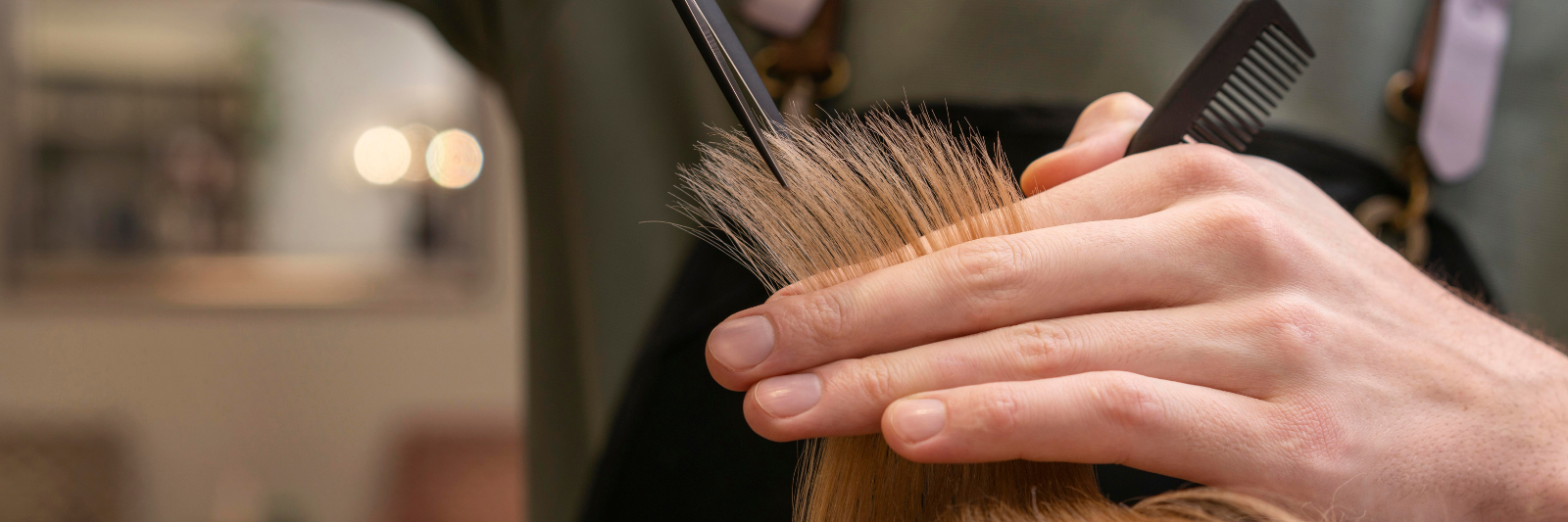 Friseur schneidet einem Kunden oder einer Kundin blonde Haarspitzen mit einer Schere, während er die Haare zwischen den Fingern hält; ein Kamm liegt in der Hand bereit.