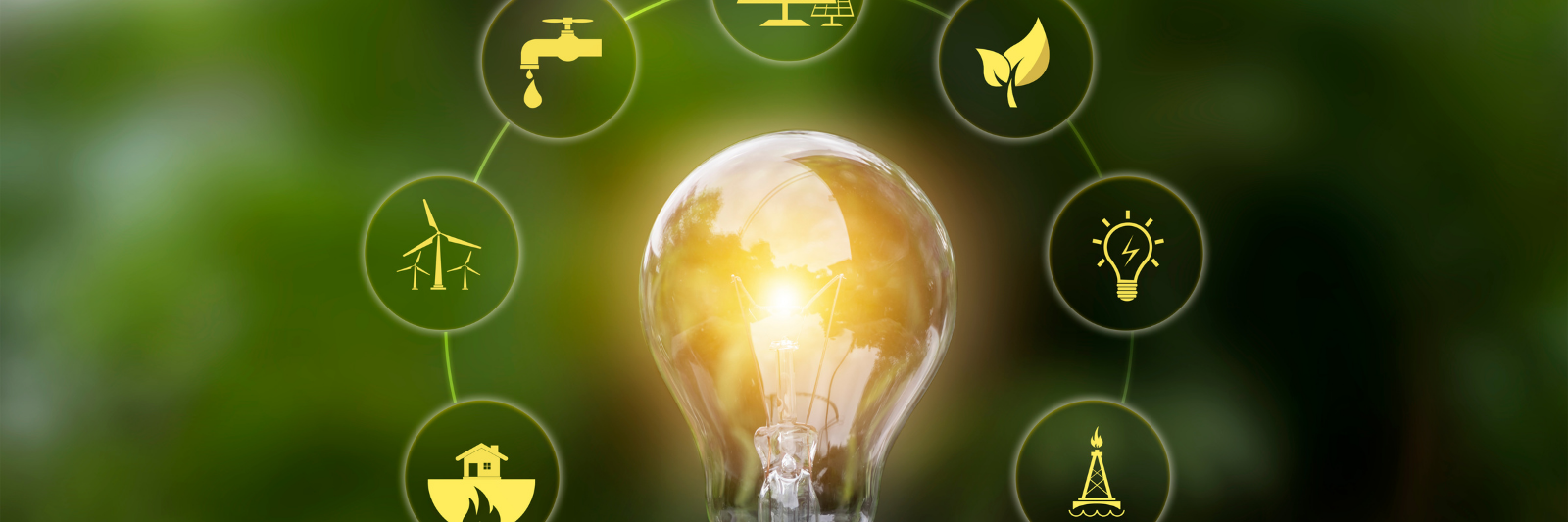 Eine leuchtende Glühbirne steht auf Erde, umgeben von kreisförmigen Symbolen zu erneuerbaren Energien wie Solarenergie, Windkraft, Wassernutzung und nachhaltigen Ressourcen, vor einem grünen Naturhintergrund.