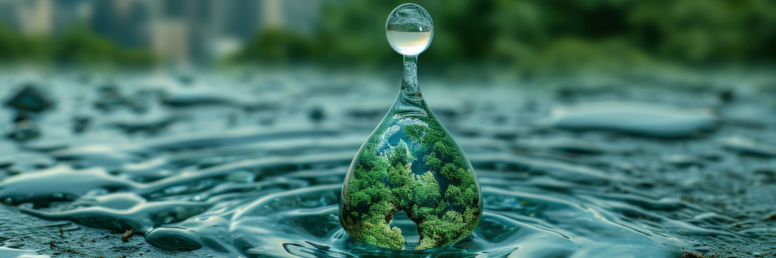 Ein Wassertropfen steht auf einer Wasseroberfläche; im Inneren des Tropfens spiegelt sich eine grüne Waldlandschaft, während im Hintergrund unscharf eine Stadt zu erkennen ist.