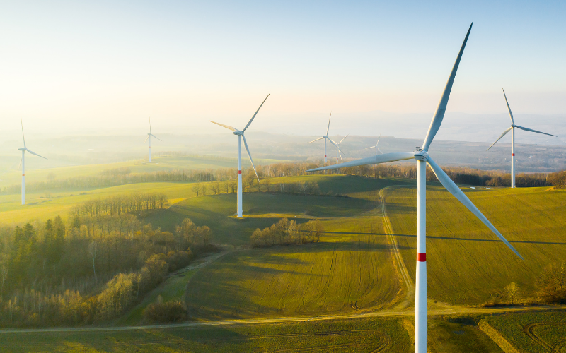 Windpark mit mehreren Windkraftanlagen auf sanften Hügeln in einer weitläufigen Landschaft bei goldenem Sonnenlicht.