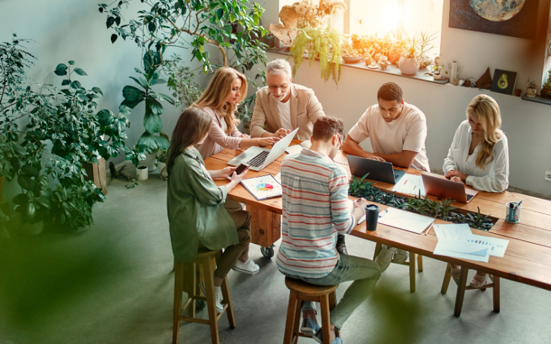 Eine Gruppe von sechs Personen arbeitet gemeinsam an einem großen Holztisch in einem hellen Büro, das üppig mit Pflanzen dekoriert ist. Einige nutzen Laptops, andere besprechen Unterlagen und Diagramme.