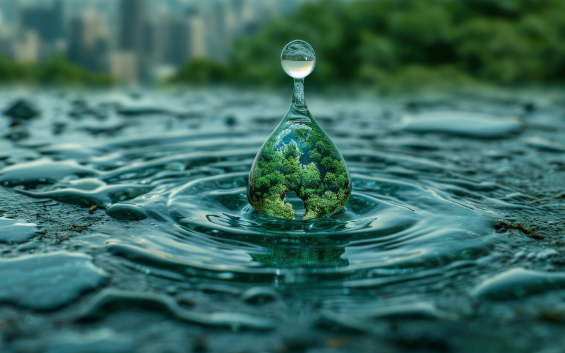 Ein Wassertropfen steht auf einer Wasseroberfläche; im Inneren des Tropfens spiegelt sich eine grüne Waldlandschaft, während im Hintergrund unscharf eine Stadt zu erkennen ist.