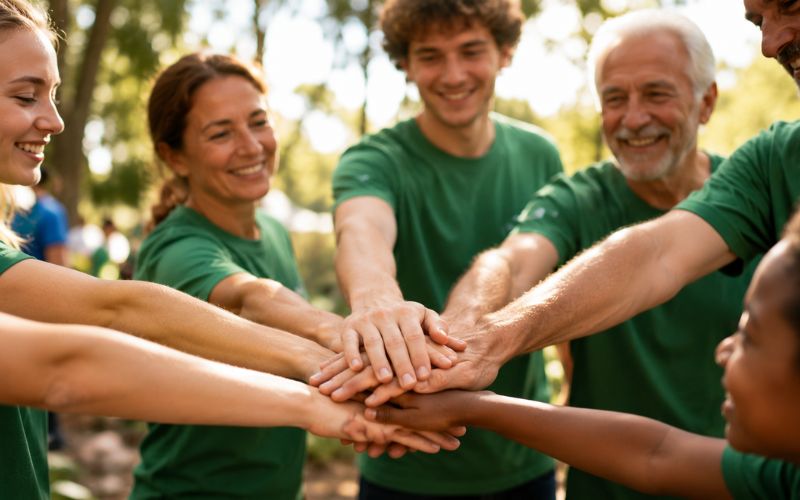 Team von Sozialarbeitern, im Hintergrund Sonnenschein