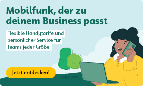 Ein Banner mit einem illustrierter Mann, er lächelt mit offenen Mund, hat ein Headset auf dem Kopf, streckt seine Hand nach vorne aus und zeigt einen Daumen nach oben. Im Hintergrund sind Windräder zu sehen. Auf dem Banner steht: "Schon mal von nachhaltigen Business-Handytarifen gehört? Wir investieren in Windkraft und fördern mit jedem Tarif die Energiewende. Jetzt entdecken!"