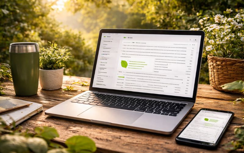 Laptop und Smartphone liegen auf einem Holztisch, im Hintergrund grüne Büsche im Freien
