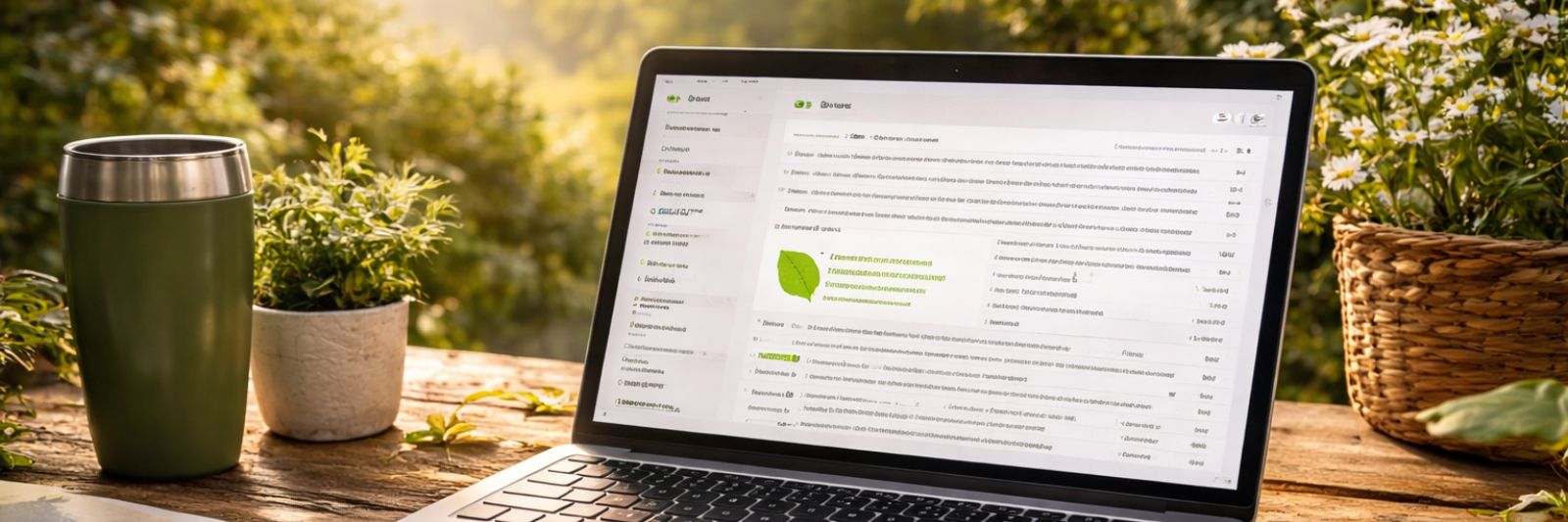 Laptop steht auf einem Holztisch, im Hintergrund grüne Büsche im Freien