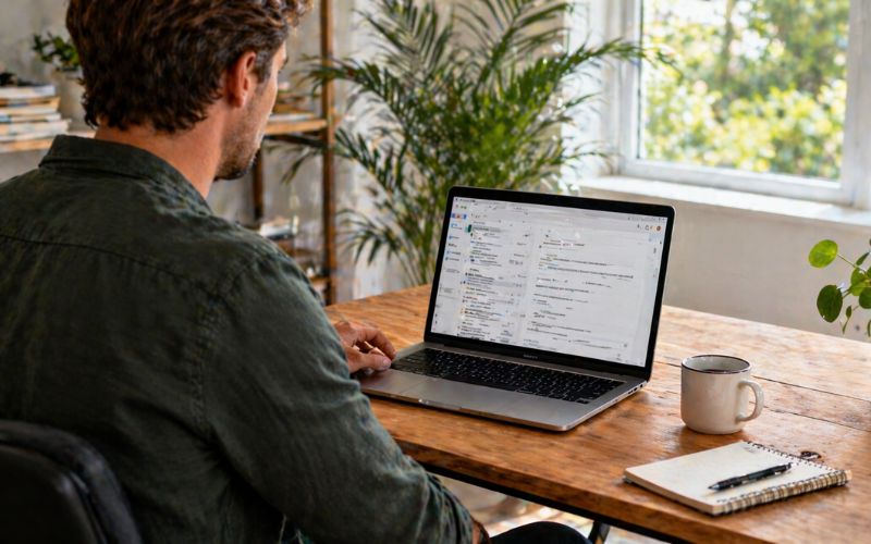 Mann sitzt am Laptop an einem Schreibtisch