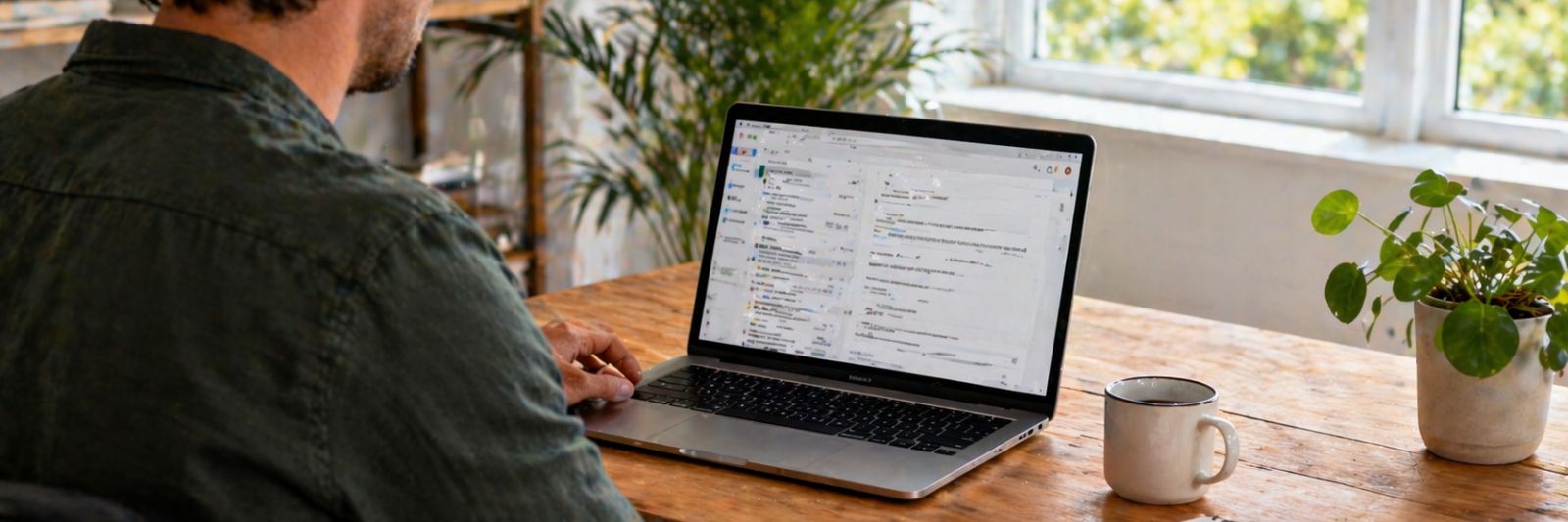 Mann sitzt am Laptop an einem Schreibtisch