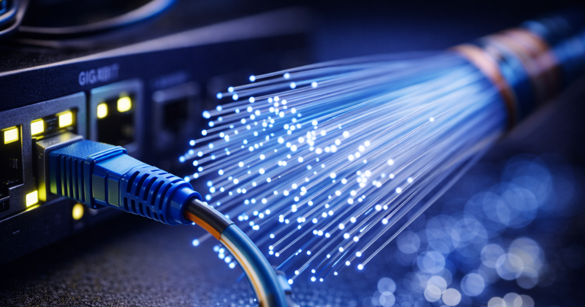 LAN-Kabel steckt in Box, rechts daneben ein offenes, leuchtendes Glasfaser-Kabel