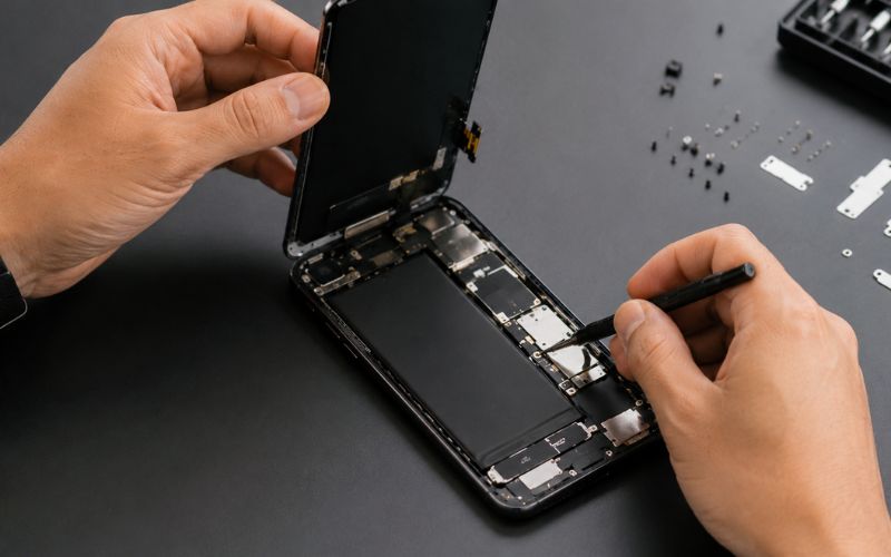 Smartphone wird auf einem Tisch mit Werkzeug repariert