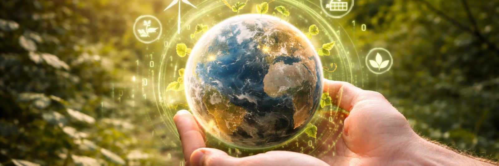 Holografische Erdkugel wird symbolisch in Händen gehalten, grüner Hintergrund mit Pflanzen