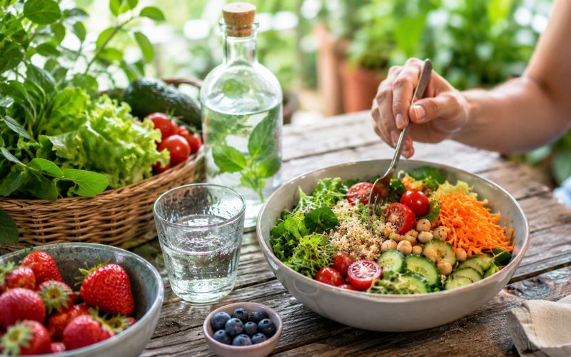 Eine Bowl voller Gemüse sowie Früchte und Wasser auf einem Tisch im Garten