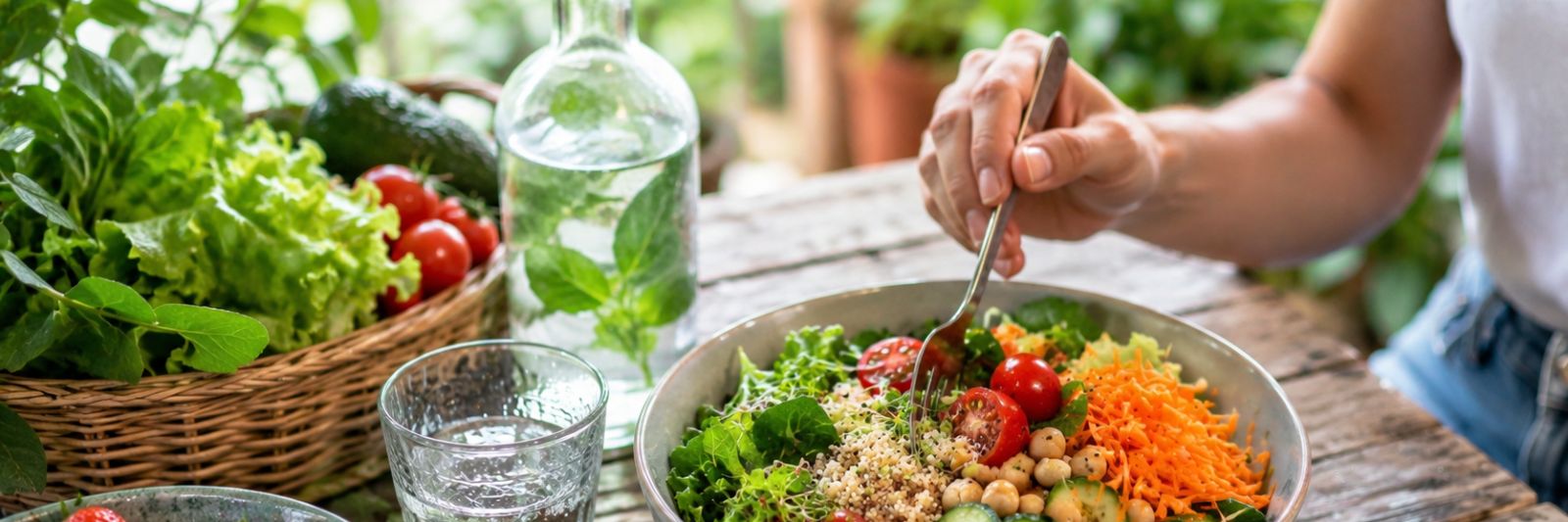 Eine Bowl voller Gemüse sowie Früchte und Wasser auf einem Tisch im Garten