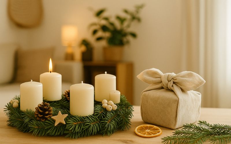 Adventskranz und kleines Geschenk liegen auf einem Tisch in einer Wohung