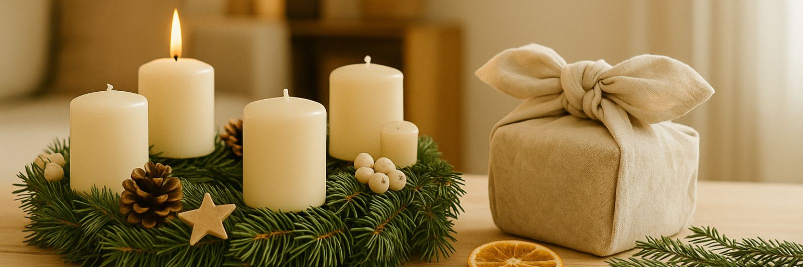 Adventskranz und kleines Geschenk liegen auf einem Tisch in einer Wohung