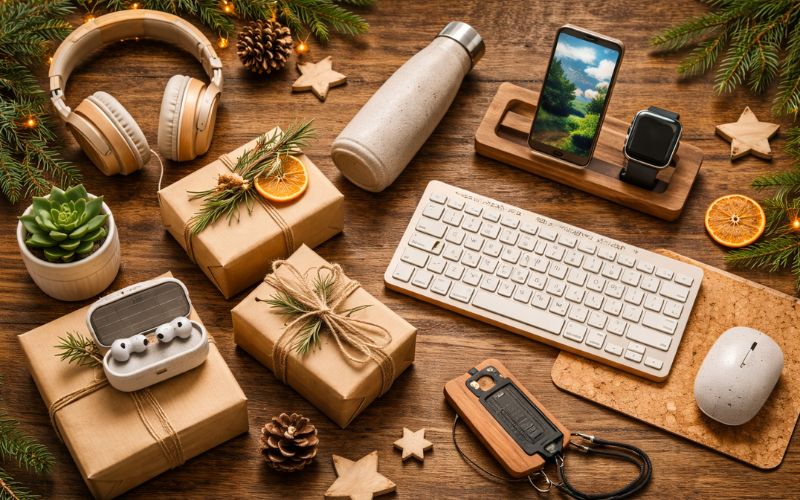 Technische Geräte und Geschenke verpackt auf einem hölzernen Untergrund, dazwischen Weihnachts-Deko