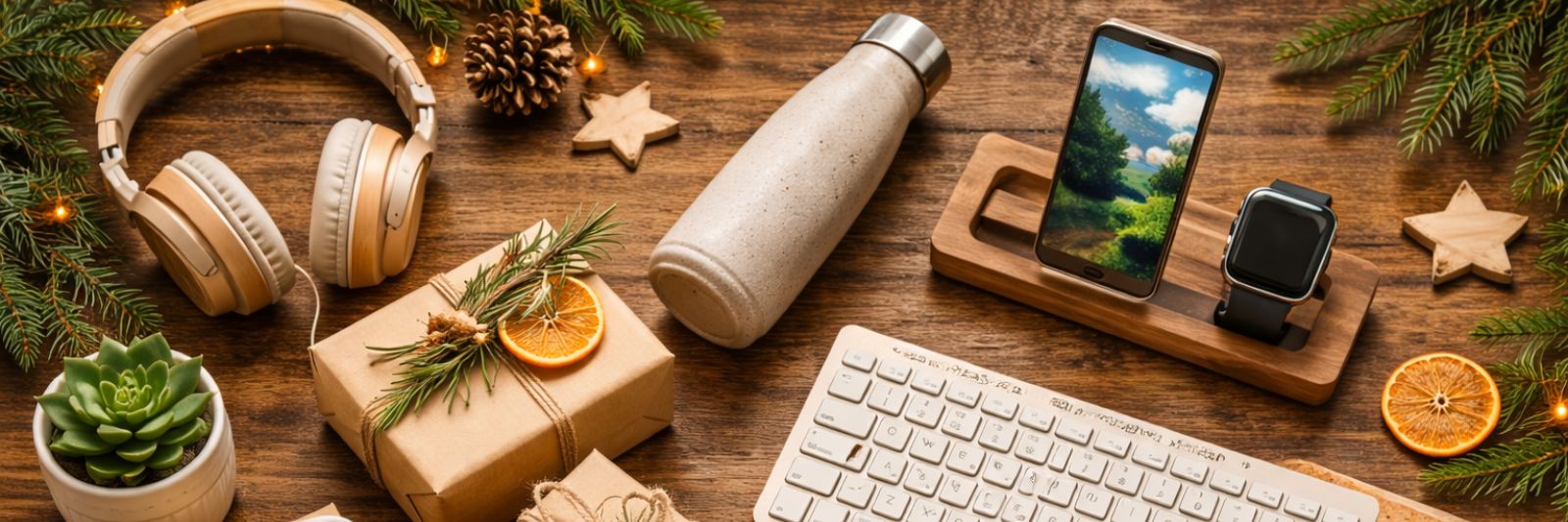 Technische Geräte und Geschenke verpackt auf einem hölzernen Untergrund, dazwischen Weihnachts-Deko