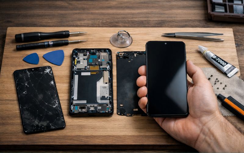 Ein Handy mit demontiertem Display liegt auf einem Holztisch, daneben Werkzeug