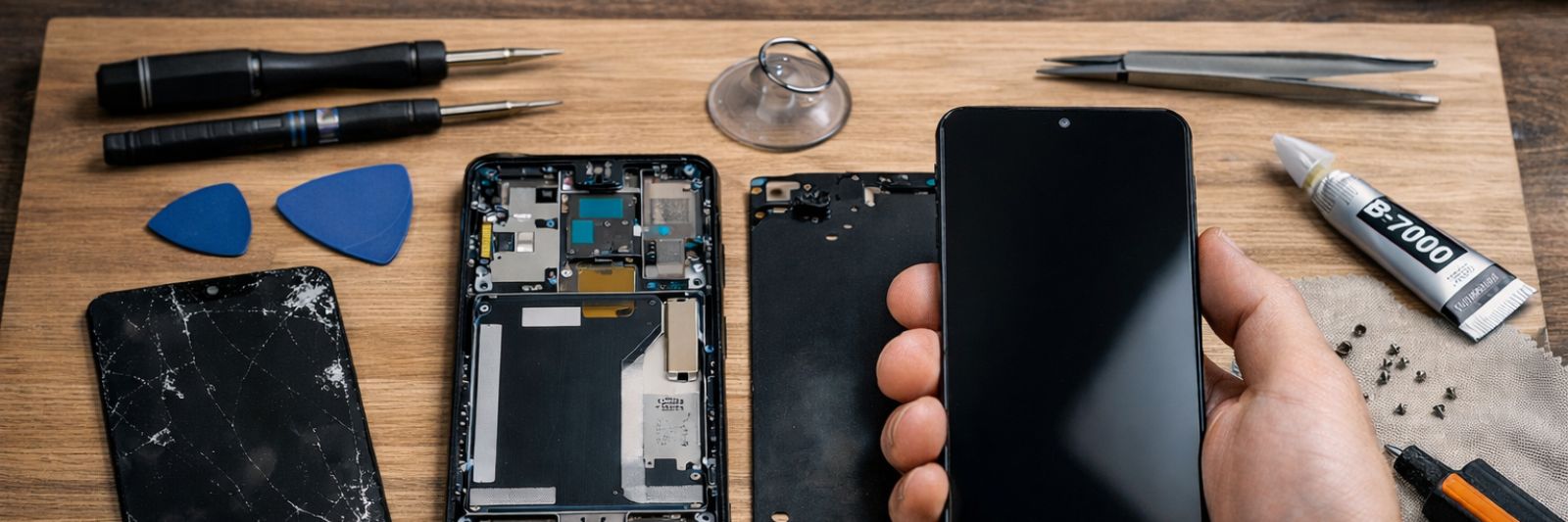 Ein Handy mit demontiertem Display liegt auf einem Holztisch, daneben Werkzeug