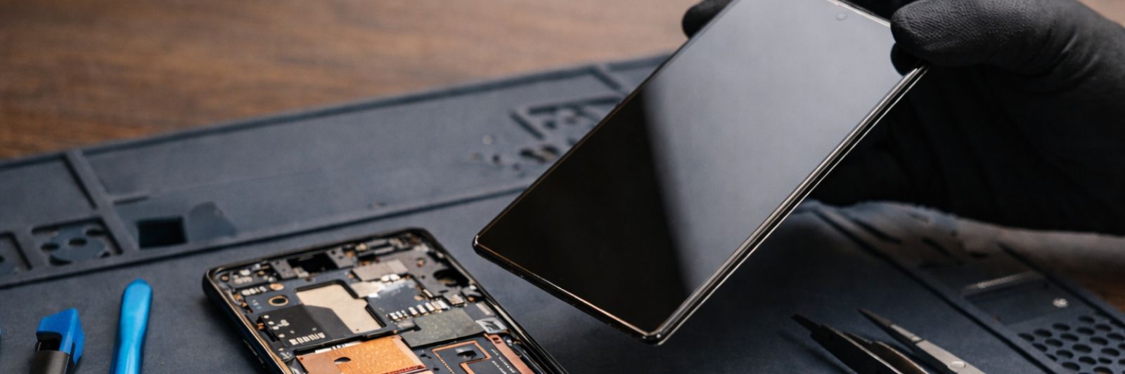 Smartphone liegt auf einem Tisch neben Werkzeug, das Display wurde entfernt