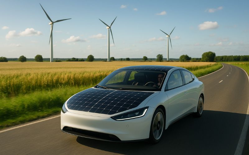 Solarauto fährt auf Landstraße, dahinter ein Feld mit 3 Windkraftanlagen