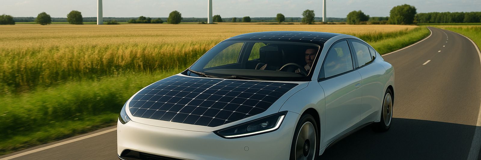 Solarauto fährt auf Landstraße, dahinter ein Feld mit 3 Windkraftanlagen