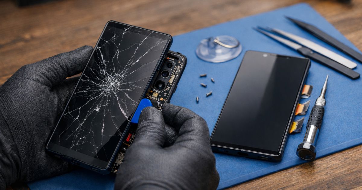 Handy-Display wird auf Tisch repariert, im Hintegrund Werkzeug