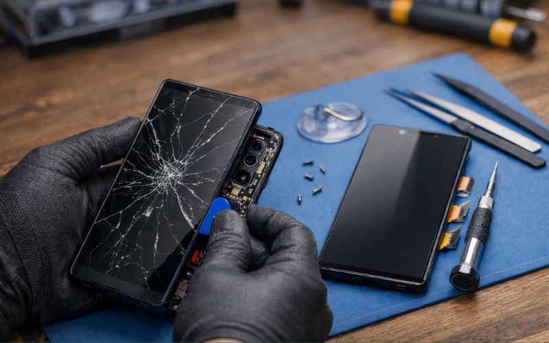 Handy-Display wird auf Tisch repariert, im Hintegrund Werkzeug
