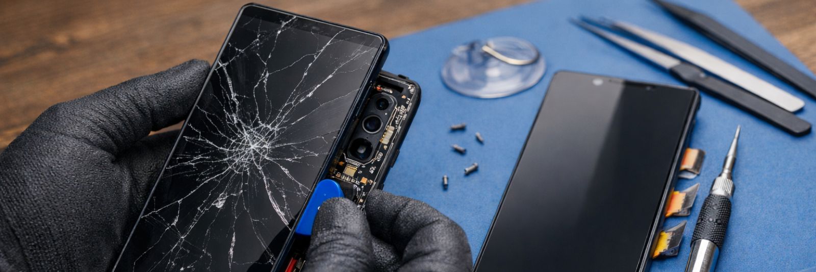 Handy-Display wird auf Tisch repariert, im Hintegrund Werkzeug