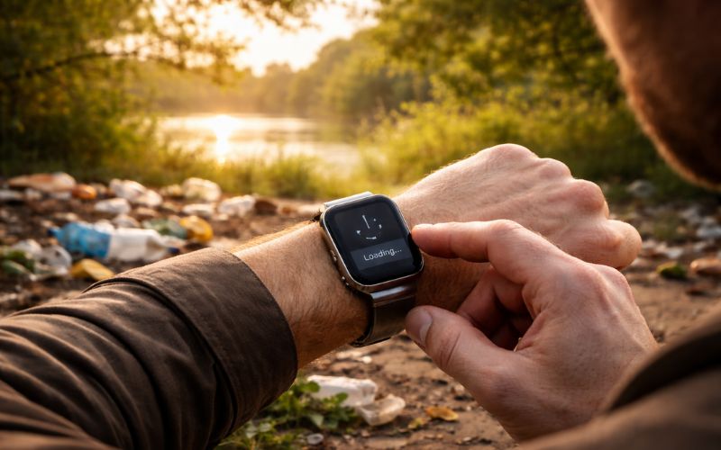 Mann schaut auf seine Smartwatch, im Hintergrund Müll in der Natur