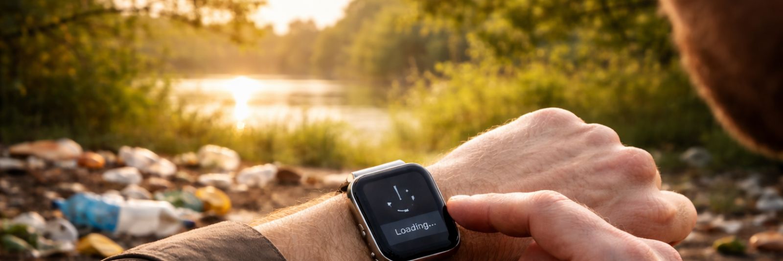 Mann schaut auf seine Smartwatch, im Hintergrund Müll in der Natur