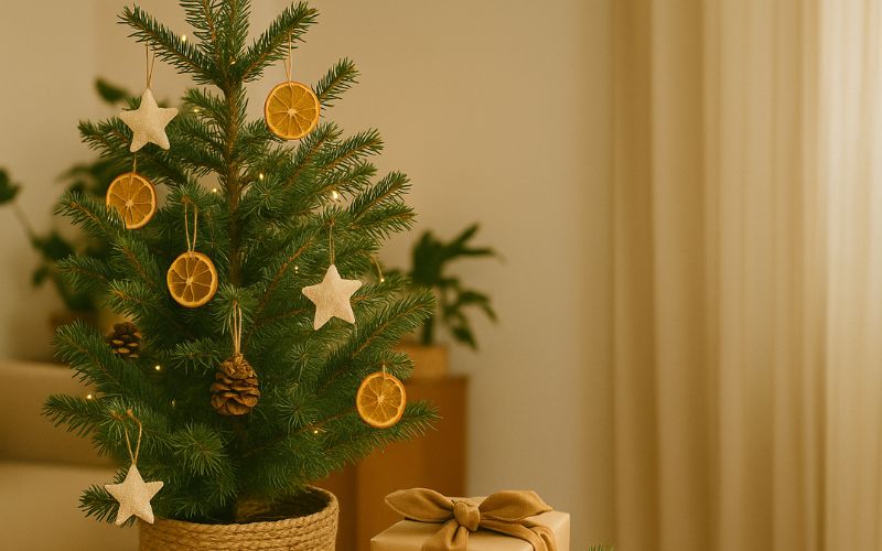 Weihnachtsbaum in Wohnung, daneben Geschenk, dahinter Gardine