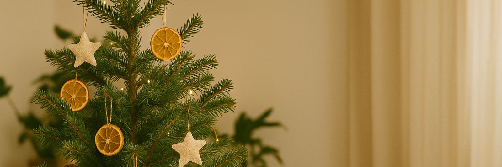 Weihnachtsbaum in Wohnung, dahinter Gardine