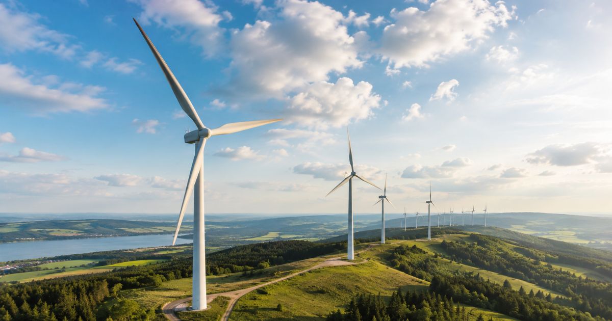 Windräder nebeneinander in weitläufiger Landschaft
