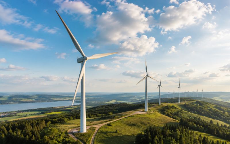 Windräder nebeneinander in weitläufiger Landschaft
