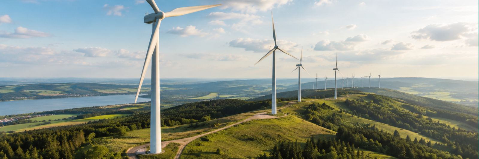 Windräder nebeneinander in weitläufiger Landschaft