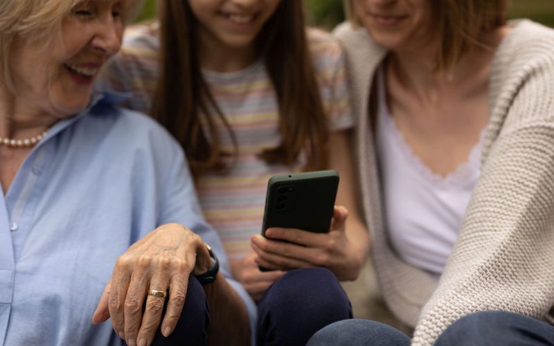3 Personen schauen gemeinsam auf ein Smartphone