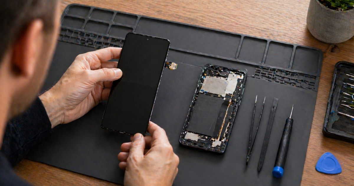 Das Display eines Handys wird getauscht, Smartphone und Werkzeug aufg dem Tisch