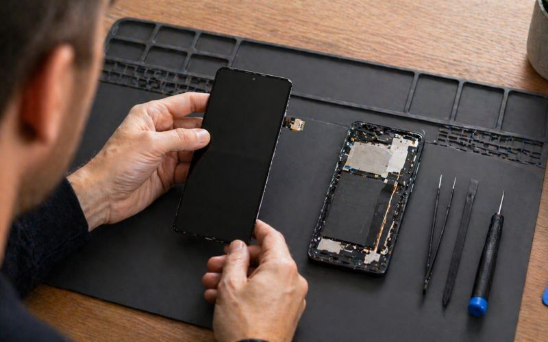 Das Display eines Handys wird getauscht, Smartphone und Werkzeug aufg dem Tisch