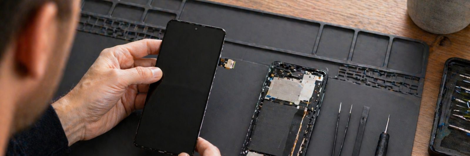 Das Display eines Handys wird getauscht, Smartphone und Werkzeug aufg dem Tisch