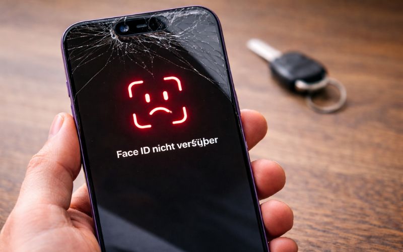 gehalten, im Hintergrund eine Holzoberfläche mit darauf liegendem Schlüssel