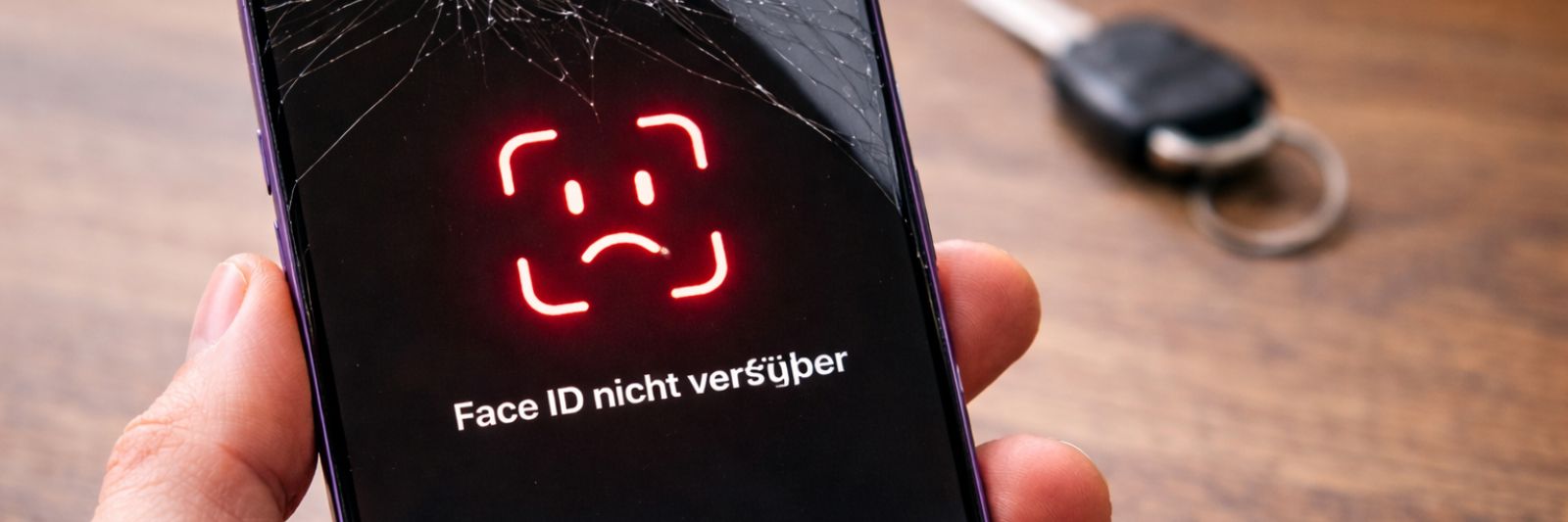 gehalten, im Hintergrund eine Holzoberfläche mit darauf liegendem Schlüssel