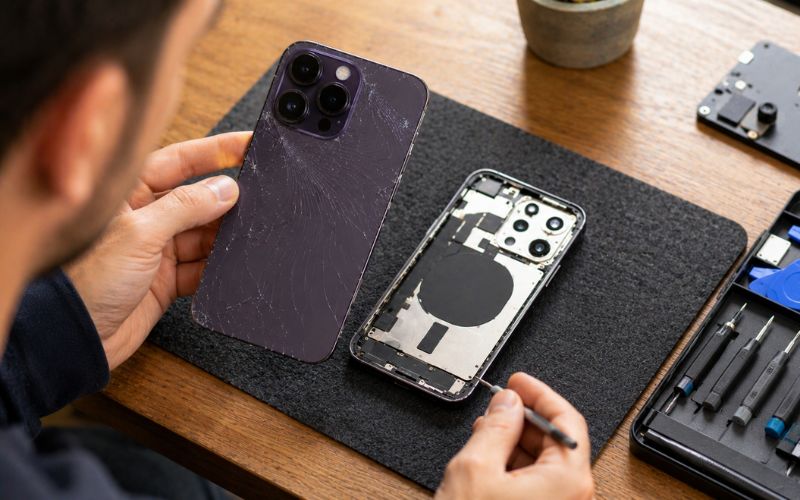 Smartphone liegt auf einem Tisch und wird repariert