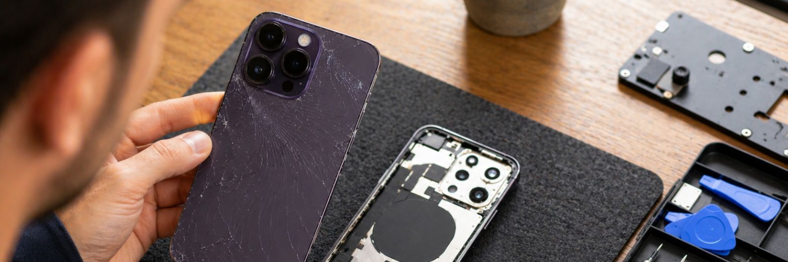 Smartphone liegt auf einem Tisch und wird repariert