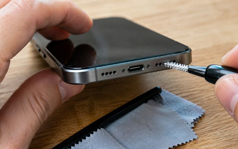 Smartphone-Lautsprecher werden mit einem Tool gereinigt