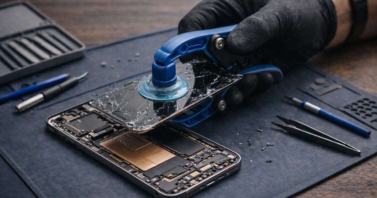 Display von Smartphone wird auf Holztisch mit Matte repariert, daneben Werkzeug