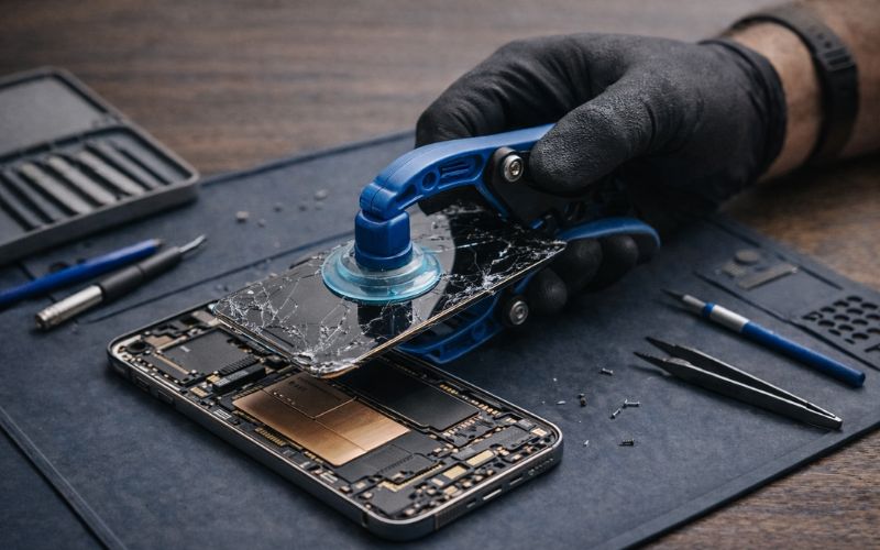Display von Smartphone wird auf Holztisch mit Matte repariert, daneben Werkzeug