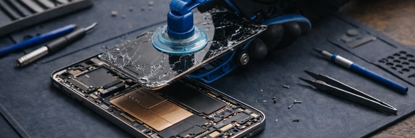Display von Smartphone wird auf Holztisch mit Matte repariert, daneben Werkzeug