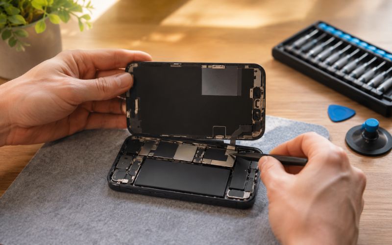 Smartphone wird auf einem Tisch repariert